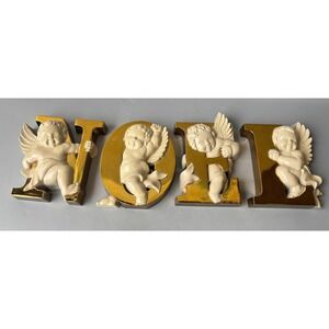 Vintage Burwood 1987 NOEL Cherub‎ Angel Wall Hanging Set Gold Cream Christmas